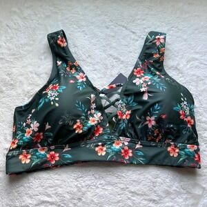 Talisea Womens Tropical Floral Lace Up Bikini Top Forest Green Plus Size 22W NEW